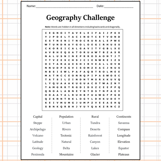 Geography Challenge Word Search Puzzle Worksheet Activity PDF