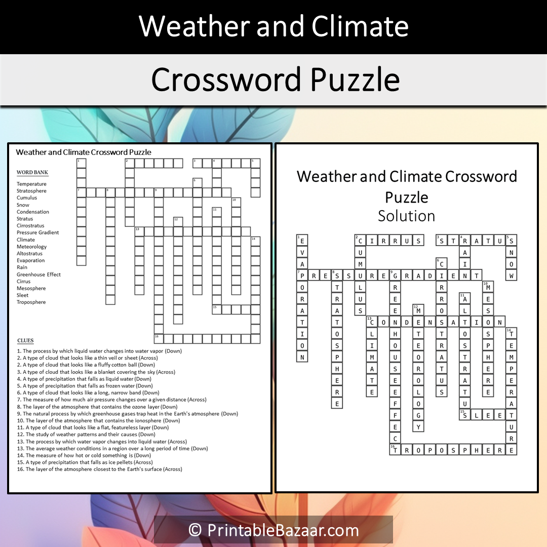 Weather And Climate Crossword Puzzle Worksheet Activity Printable PDF