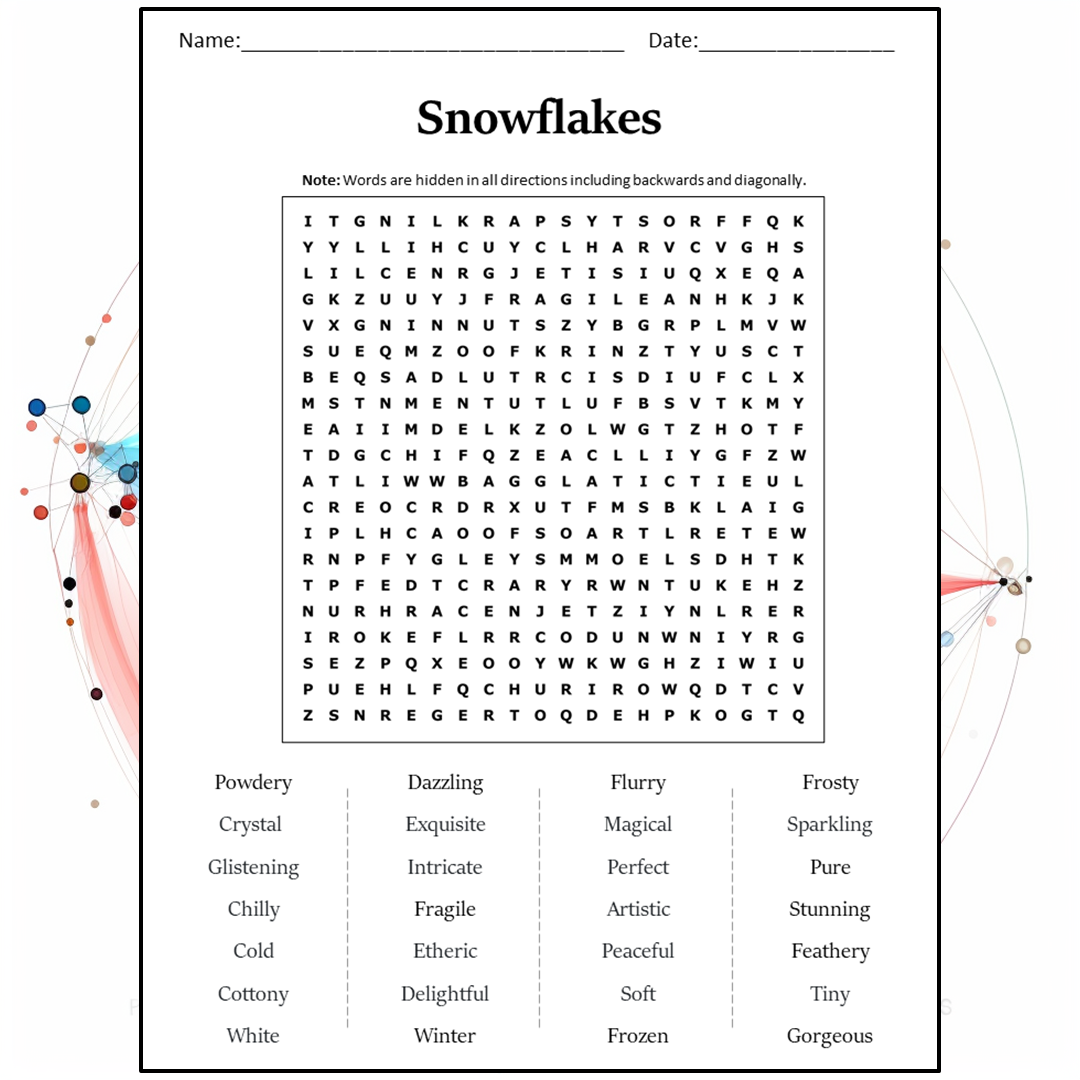 Snowflakes Word Search Puzzle Worksheet Activity PDF