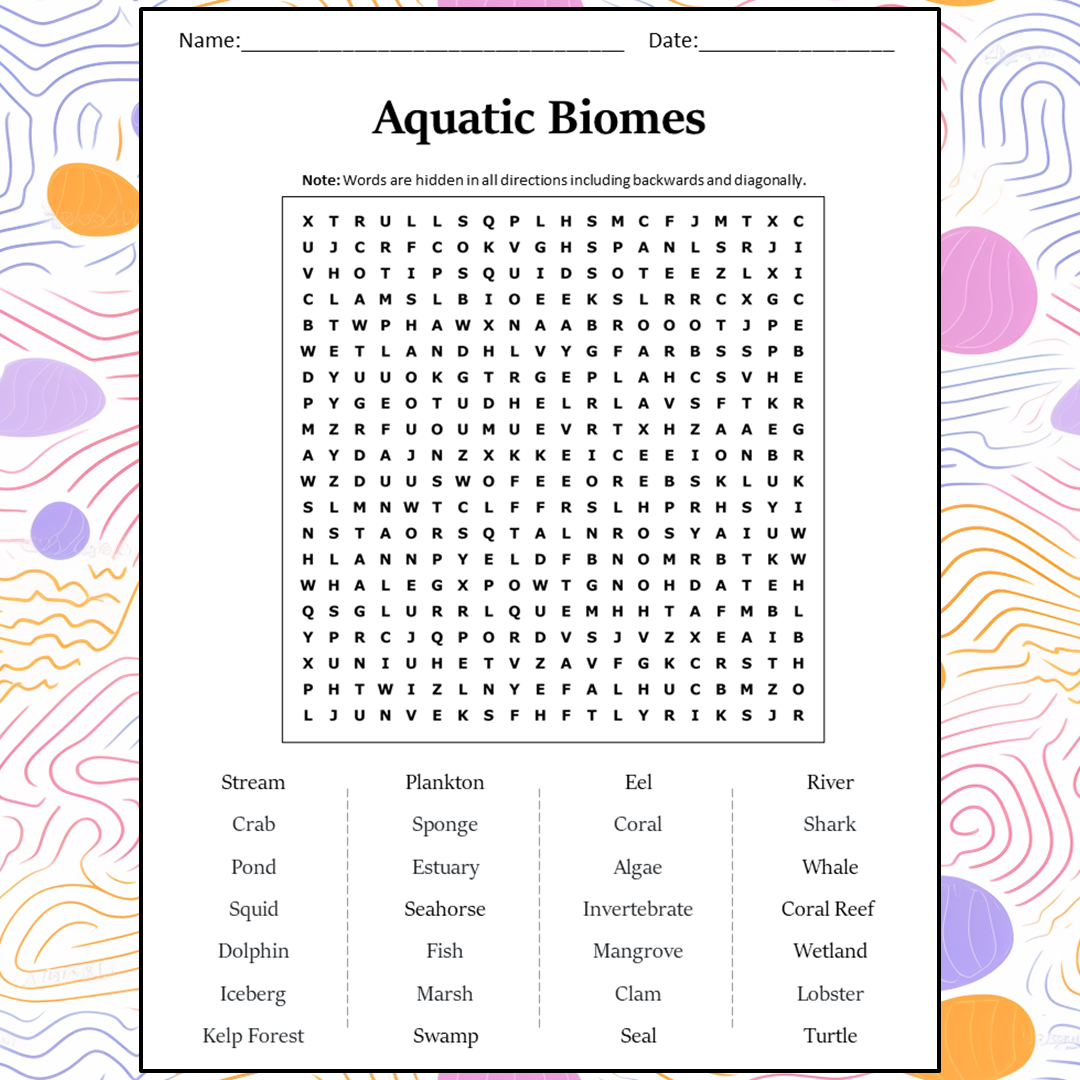 Aquatic Biomes Word Search Puzzle Worksheet Activity PDF