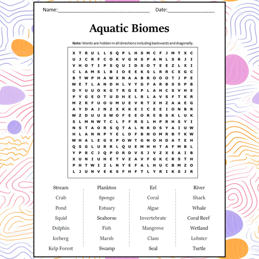 Aquatic Biomes Word Search Puzzle Worksheet Activity PDF