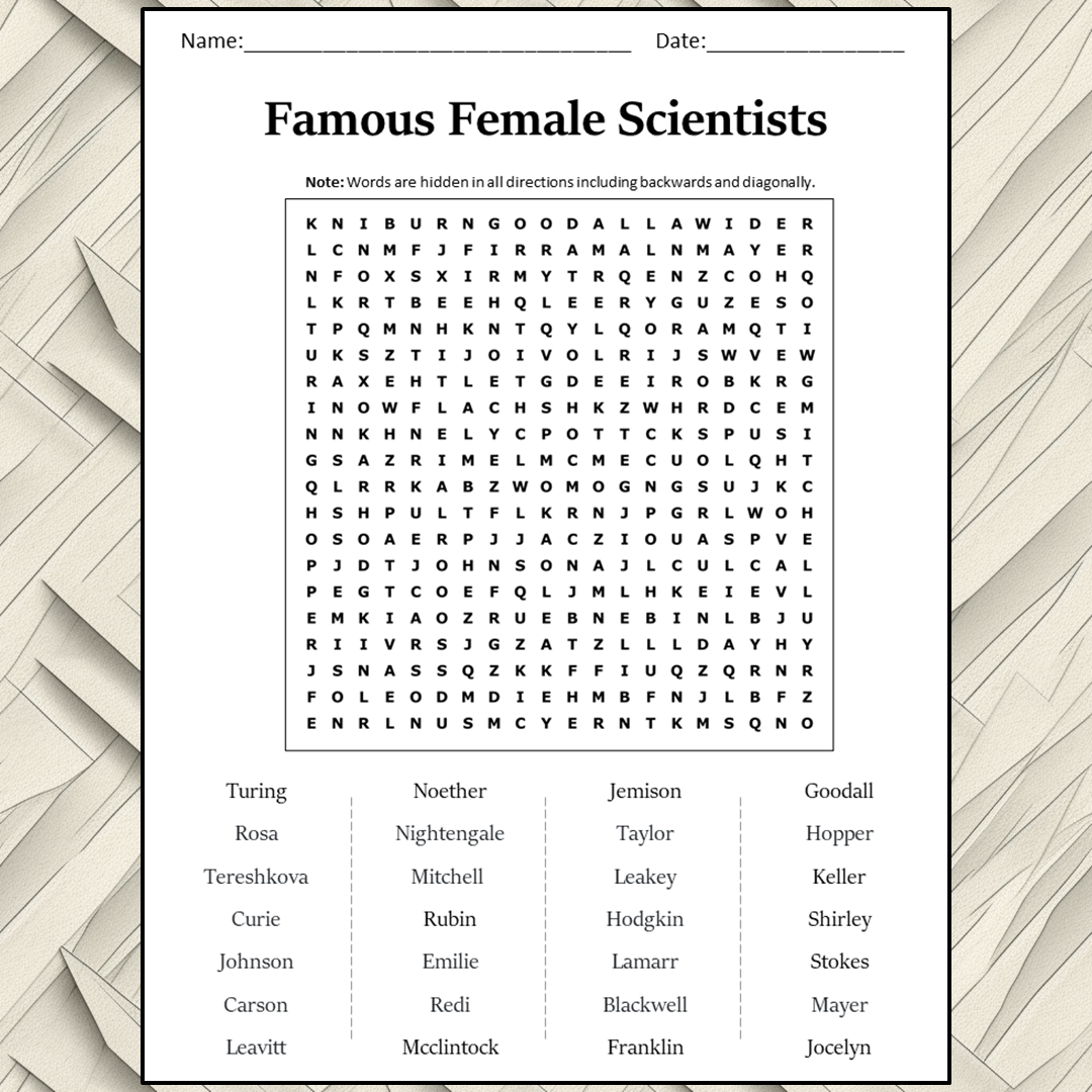 Famous Female Scientists Word Search Puzzle Worksheet Activity PDF