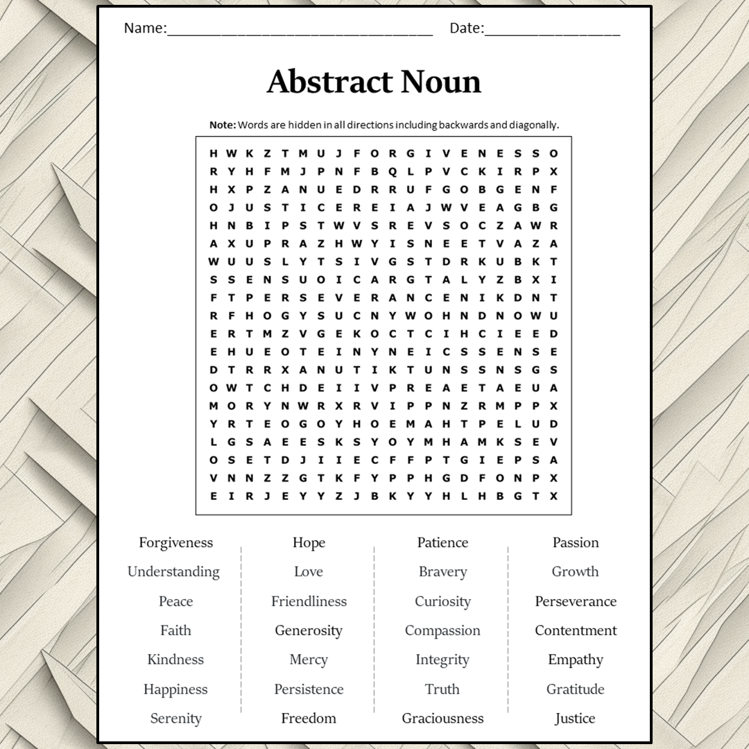 Abstract Noun Word Search Puzzle Worksheet Activity PDF – PrintableBazaar