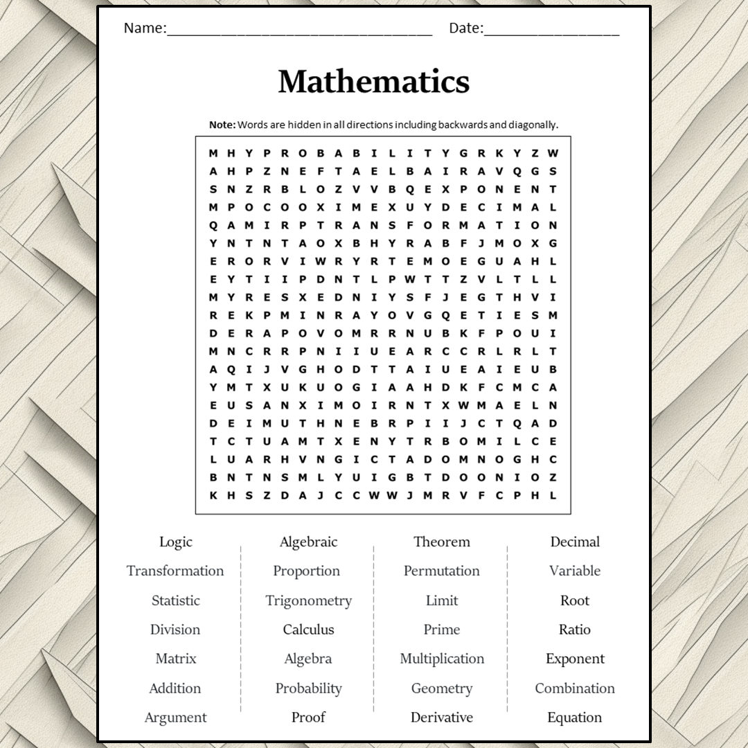 Mathematics Word Search Puzzle Worksheet Activity PDF