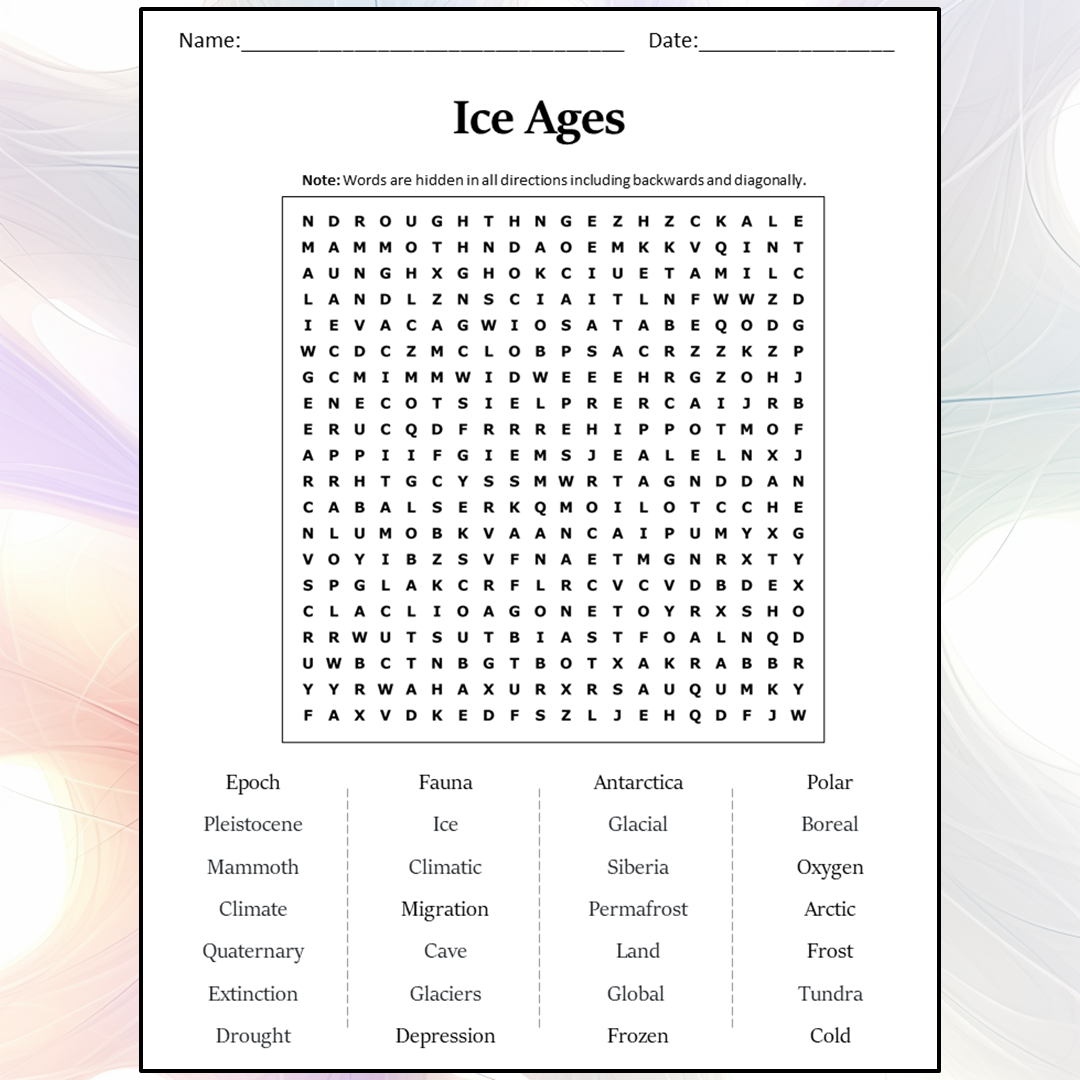 Ice Ages Word Search Puzzle Worksheet Activity PDF