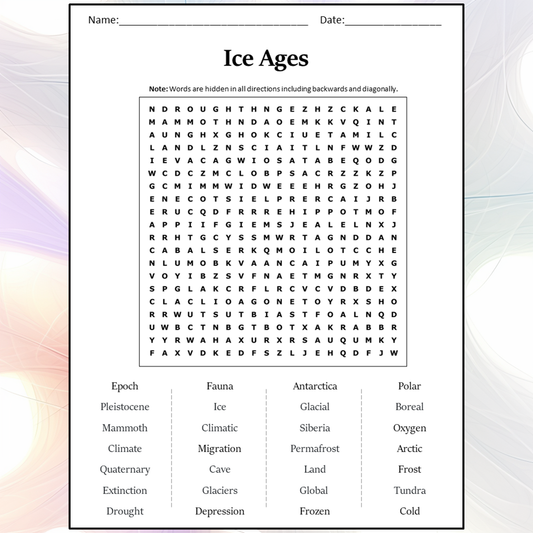 Ice Ages Word Search Puzzle Worksheet Activity PDF