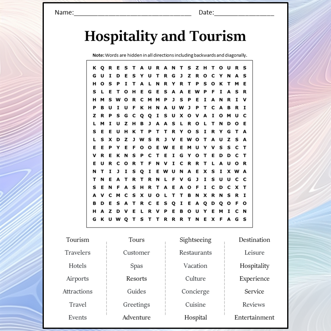 Hospitality And Tourism Word Search Puzzle Worksheet Activity PDF