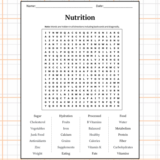 Nutrition Word Search Puzzle Worksheet Activity PDF