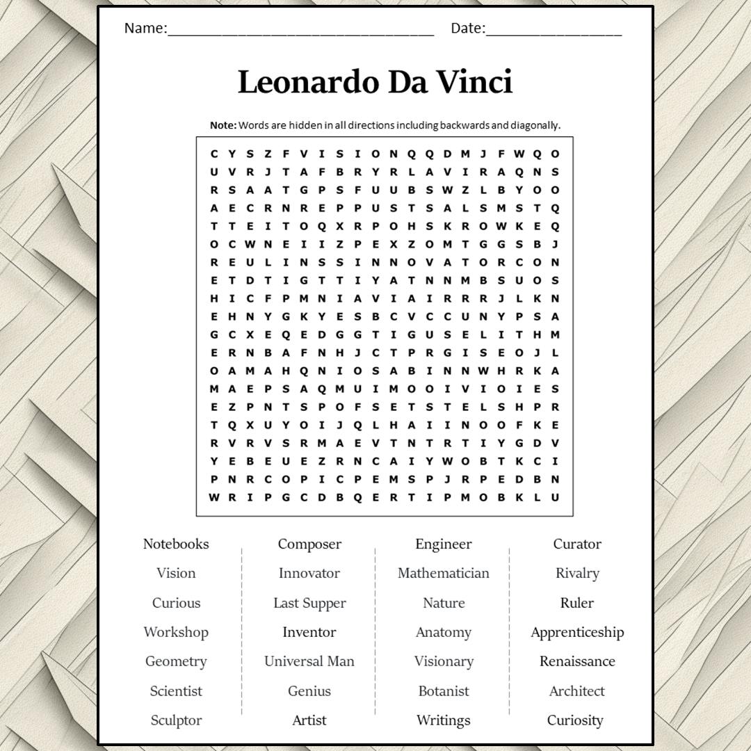 Leonardo Da Vinci Word Search Puzzle Worksheet Activity PDF