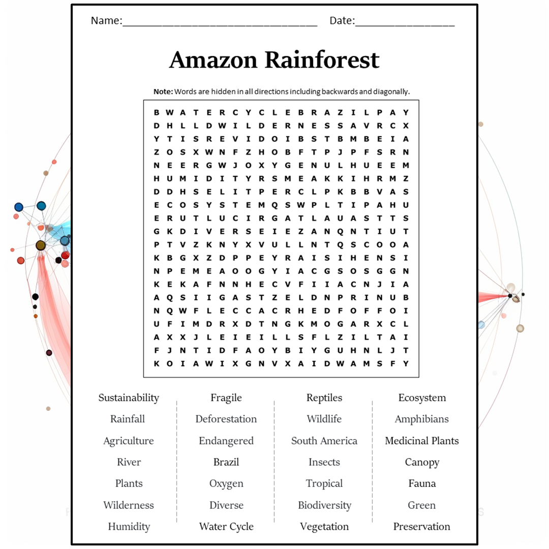 Amazon Rainforest Word Search Puzzle Worksheet Activity PDF