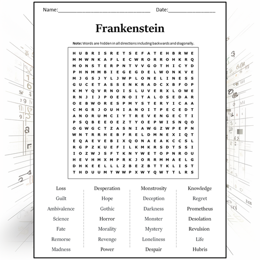 Frankenstein Word Search Puzzle Worksheet Activity PDF