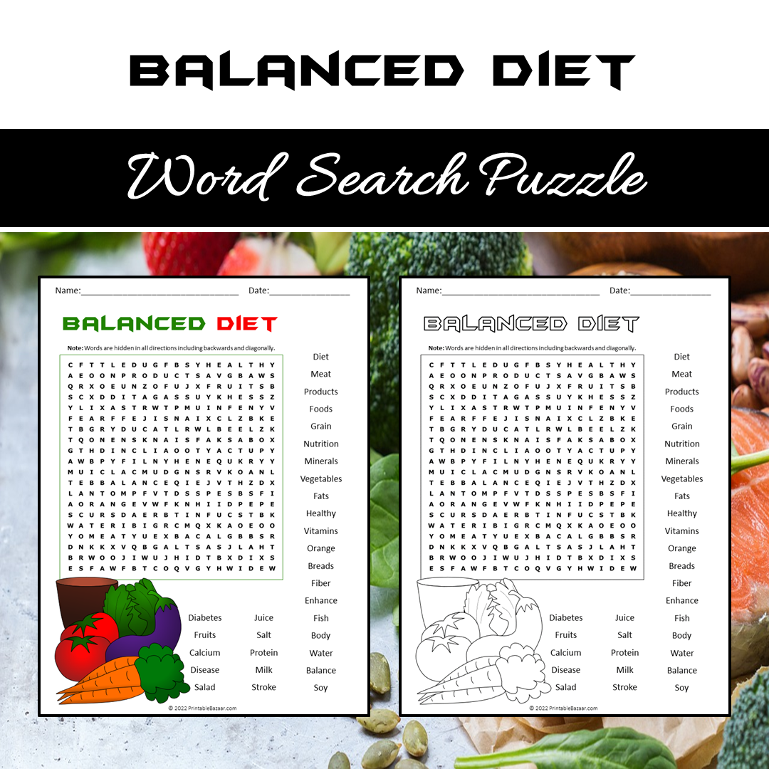 Balanced Diet Word Search Puzzle Worksheet PDF