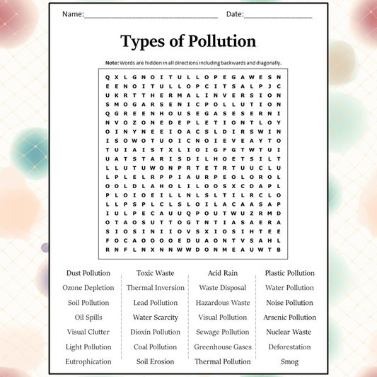 Types Of Pollution Word Search Puzzle Worksheet Activity PDF