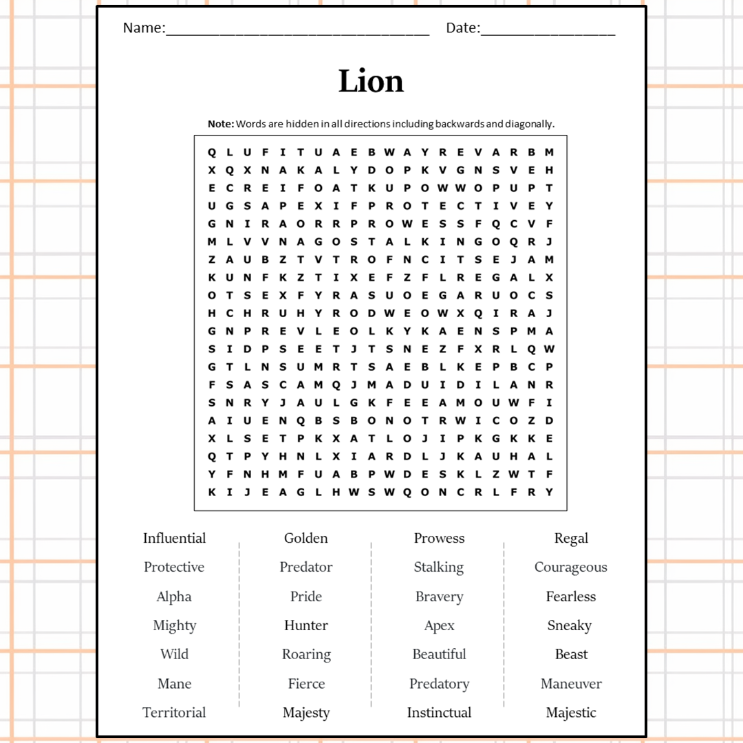 Lion Word Search Puzzle Worksheet Activity PDF