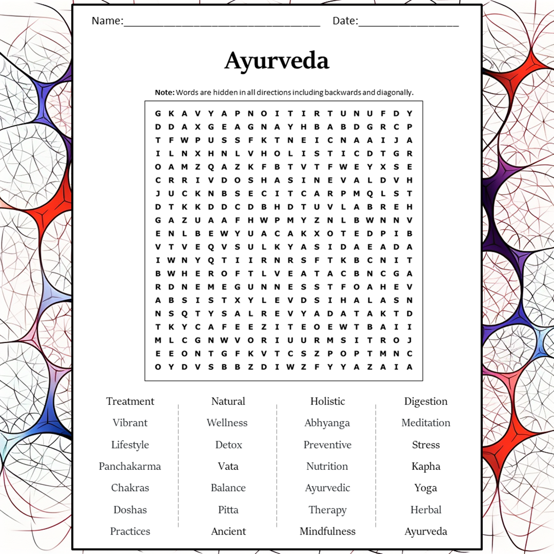 Ayurveda Word Search Puzzle Worksheet Activity PDF