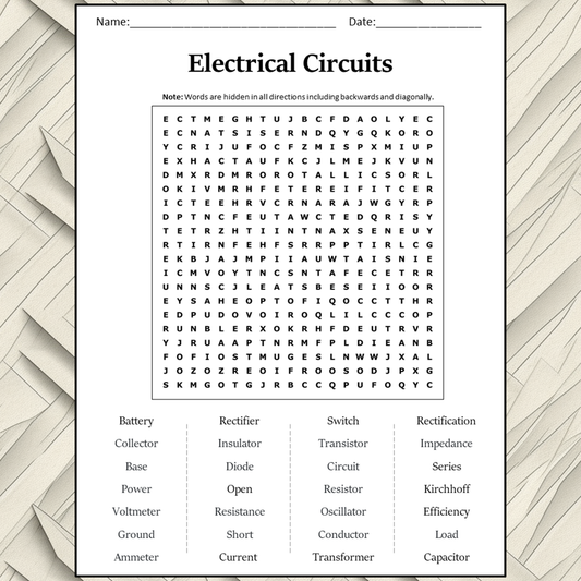 Electrical Circuits Word Search Puzzle Worksheet Activity PDF