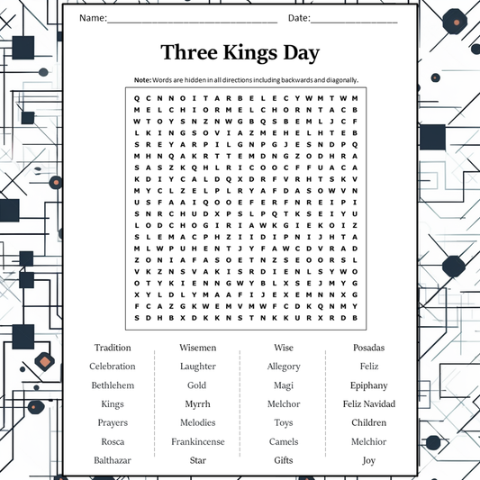 Three Kings Day Word Search Puzzle Worksheet Activity PDF