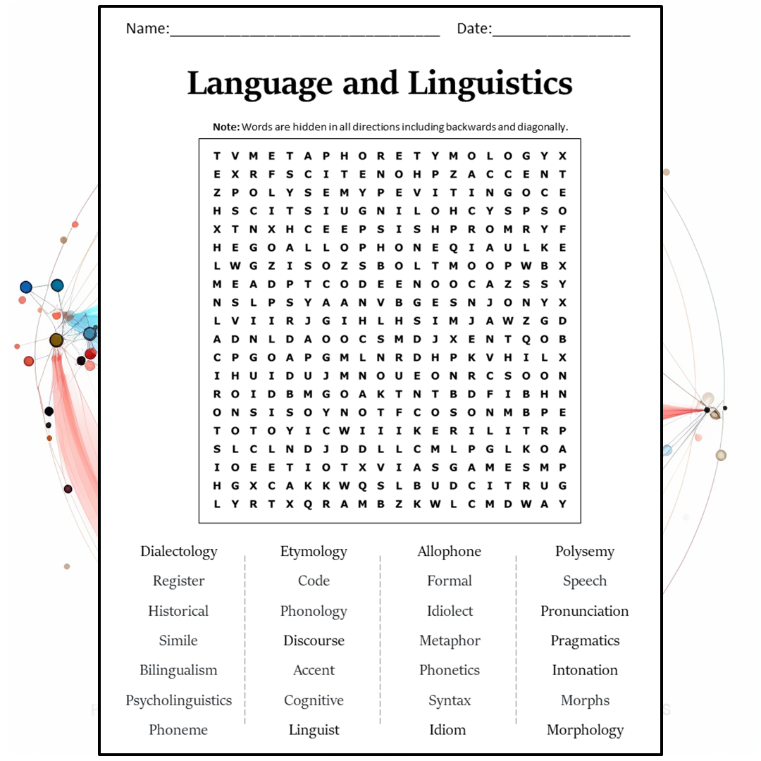 Language And Linguistics Word Search Puzzle Worksheet Activity PDF