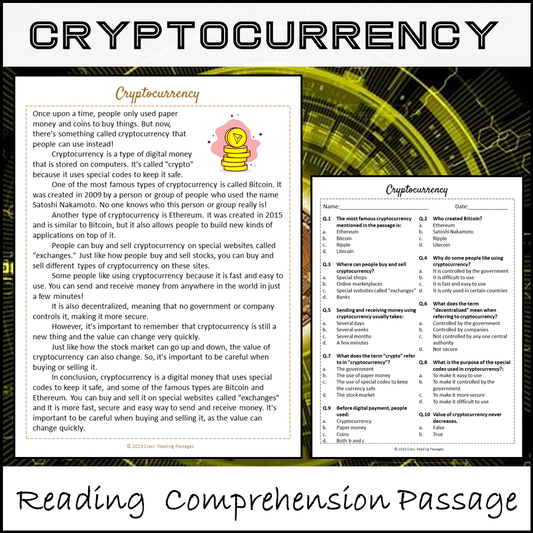 Cryptocurrency Reading Comprehension Passage and Questions | Printable PDF