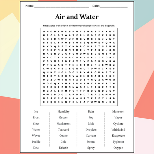 Air And Water Word Search Puzzle Worksheet Activity PDF