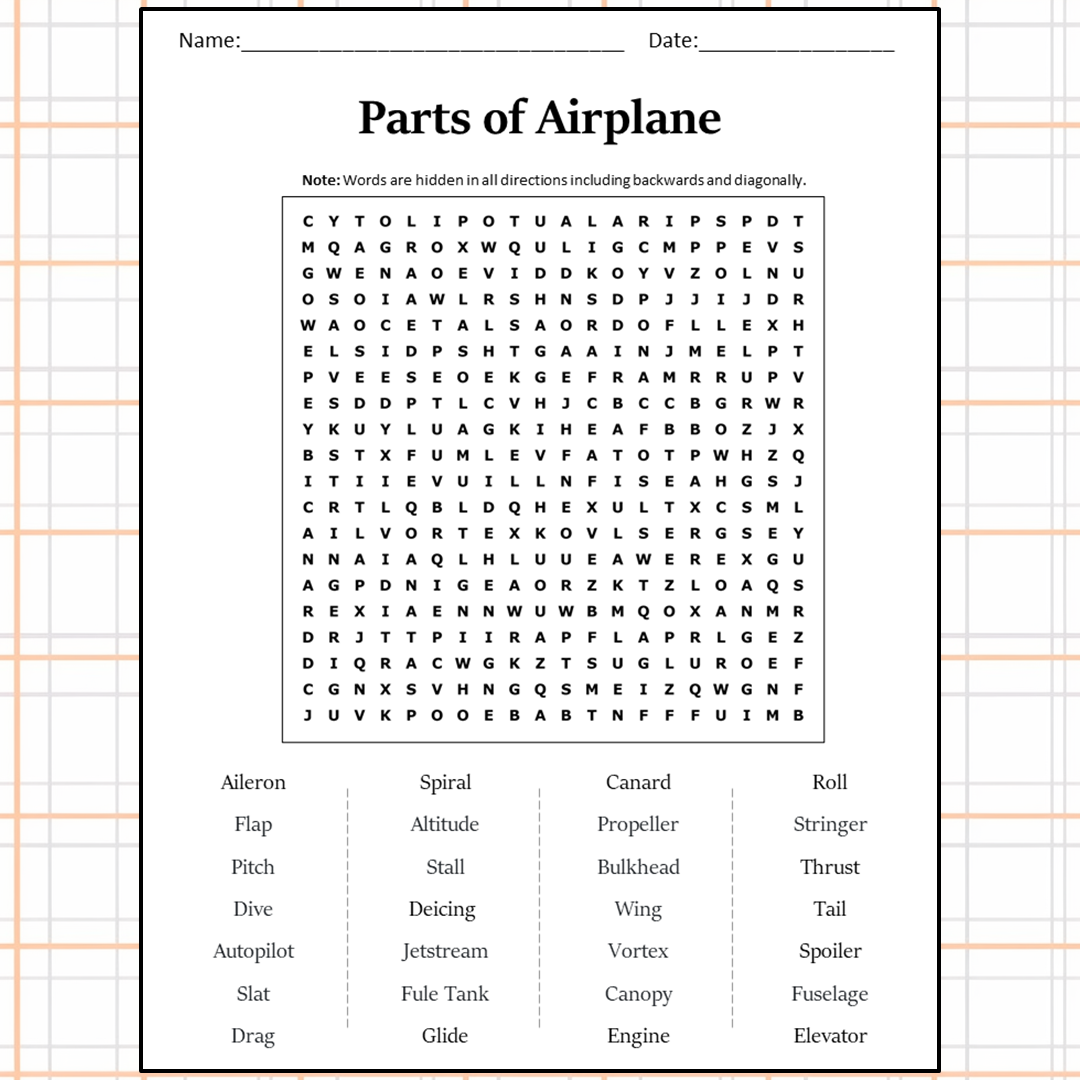 Parts Of Airplane Word Search Puzzle Worksheet Activity PDF