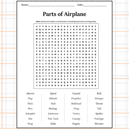 Parts Of Airplane Word Search Puzzle Worksheet Activity PDF