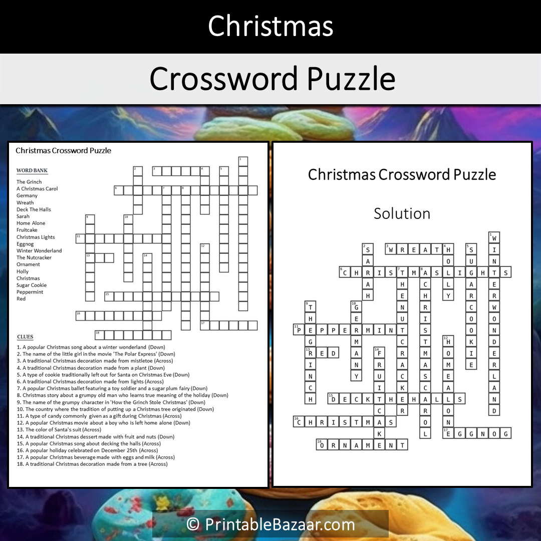 Christmas Crossword Puzzle Worksheet Activity Printable PDF