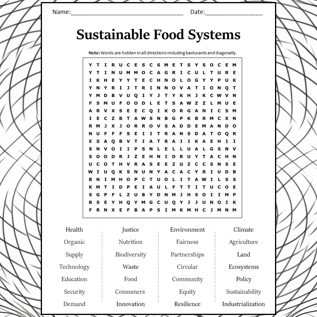 Sustainable Food Systems Word Search Puzzle Worksheet Activity PDF