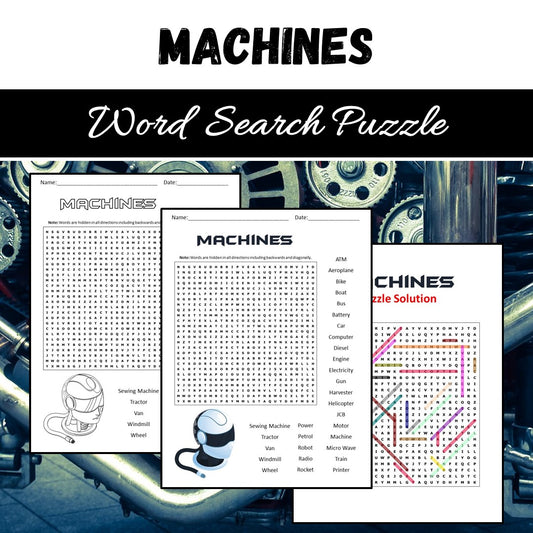 Machine Names Word Search Puzzle Worksheet PDF