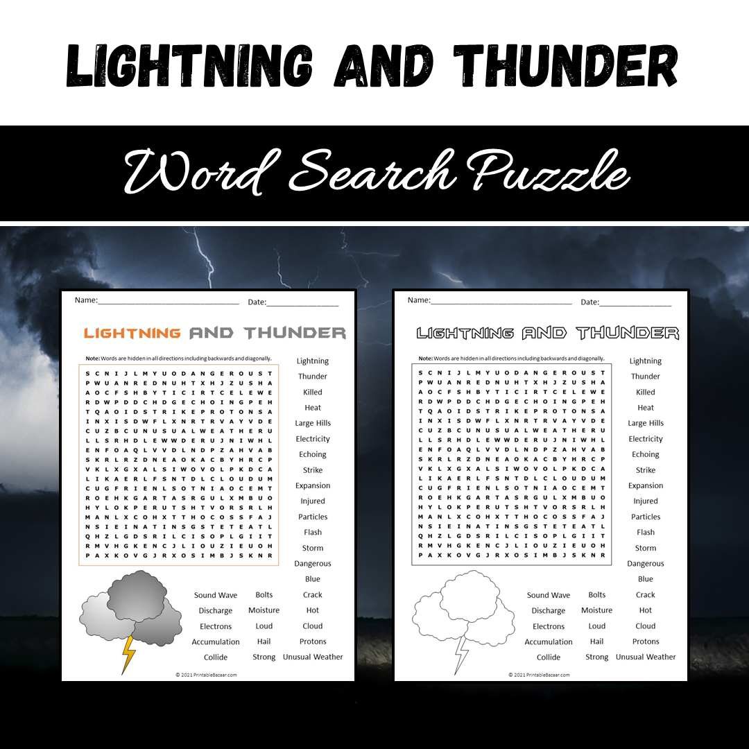 Lightning And Thunder Word Search Puzzle Worksheet PDF