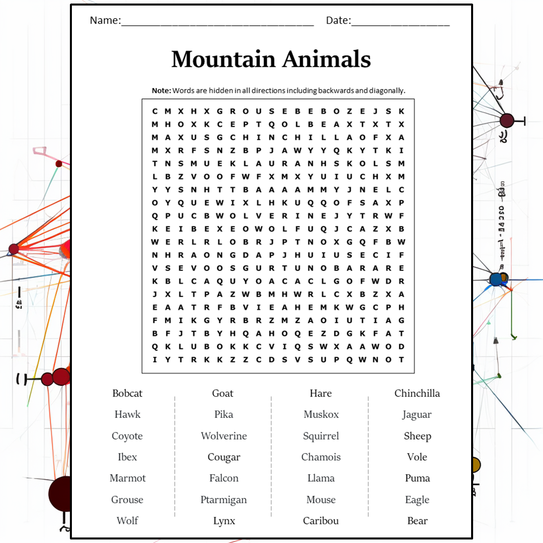 Mountain Animals Word Search Puzzle Worksheet Activity PDF