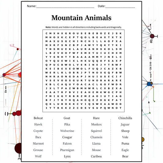 Mountain Animals Word Search Puzzle Worksheet Activity PDF