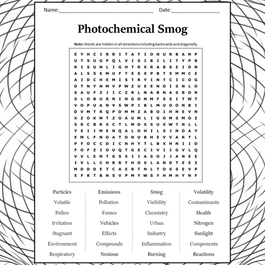 Photochemical Smog Word Search Puzzle Worksheet Activity PDF