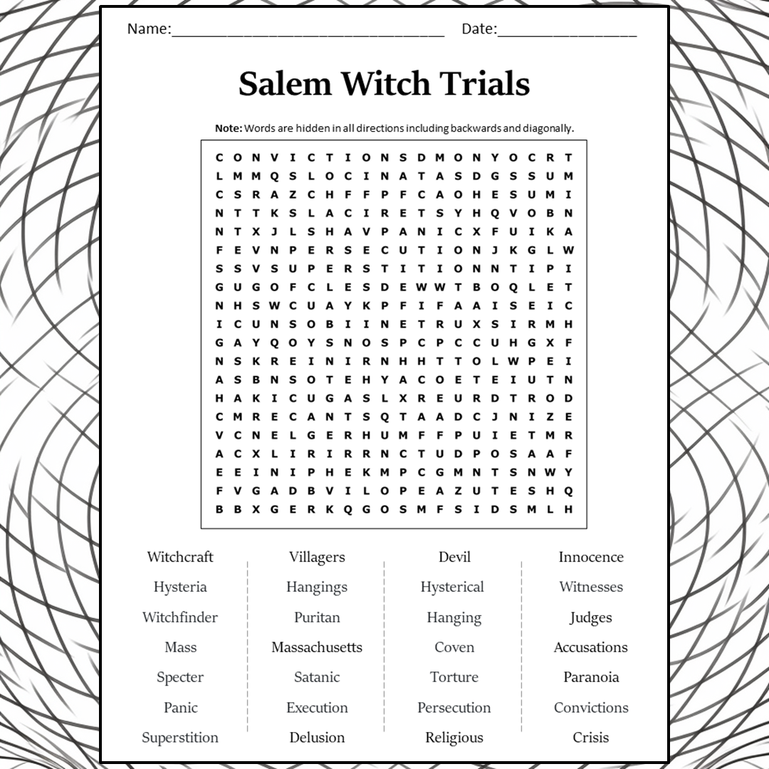 Salem Witch Trials Word Search Puzzle Worksheet Activity PDF