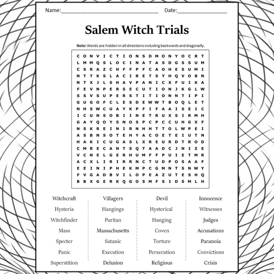 Salem Witch Trials Word Search Puzzle Worksheet Activity PDF