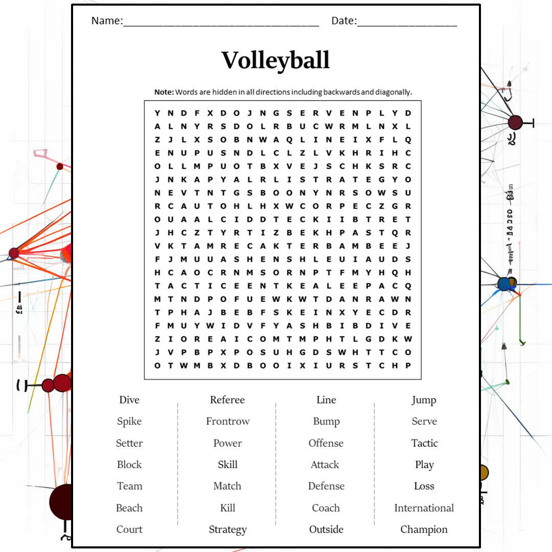 Volleyball Word Search Puzzle Worksheet Activity PDF