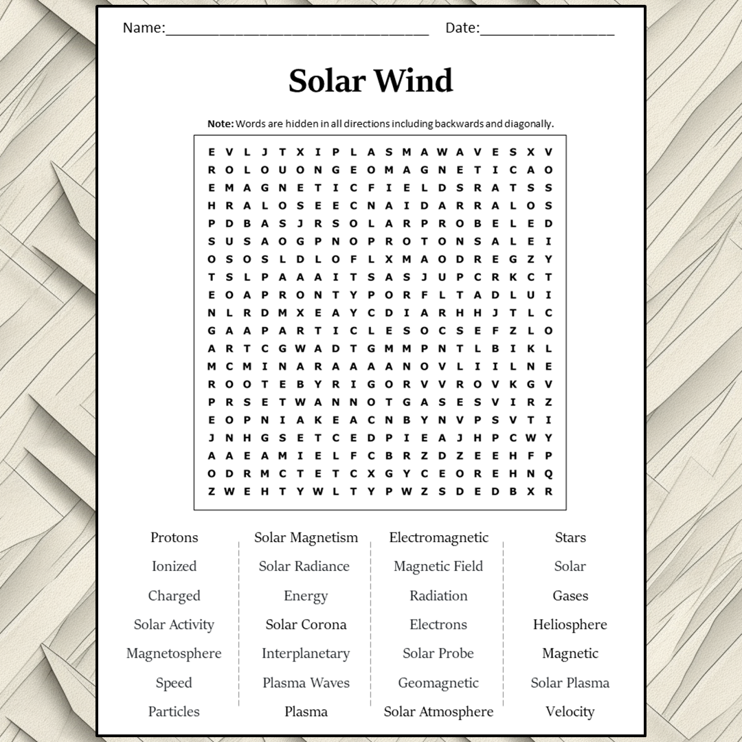 Solar Wind Word Search Puzzle Worksheet Activity PDF