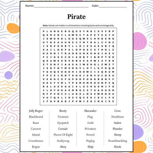 Pirate Word Search Puzzle Worksheet Activity PDF