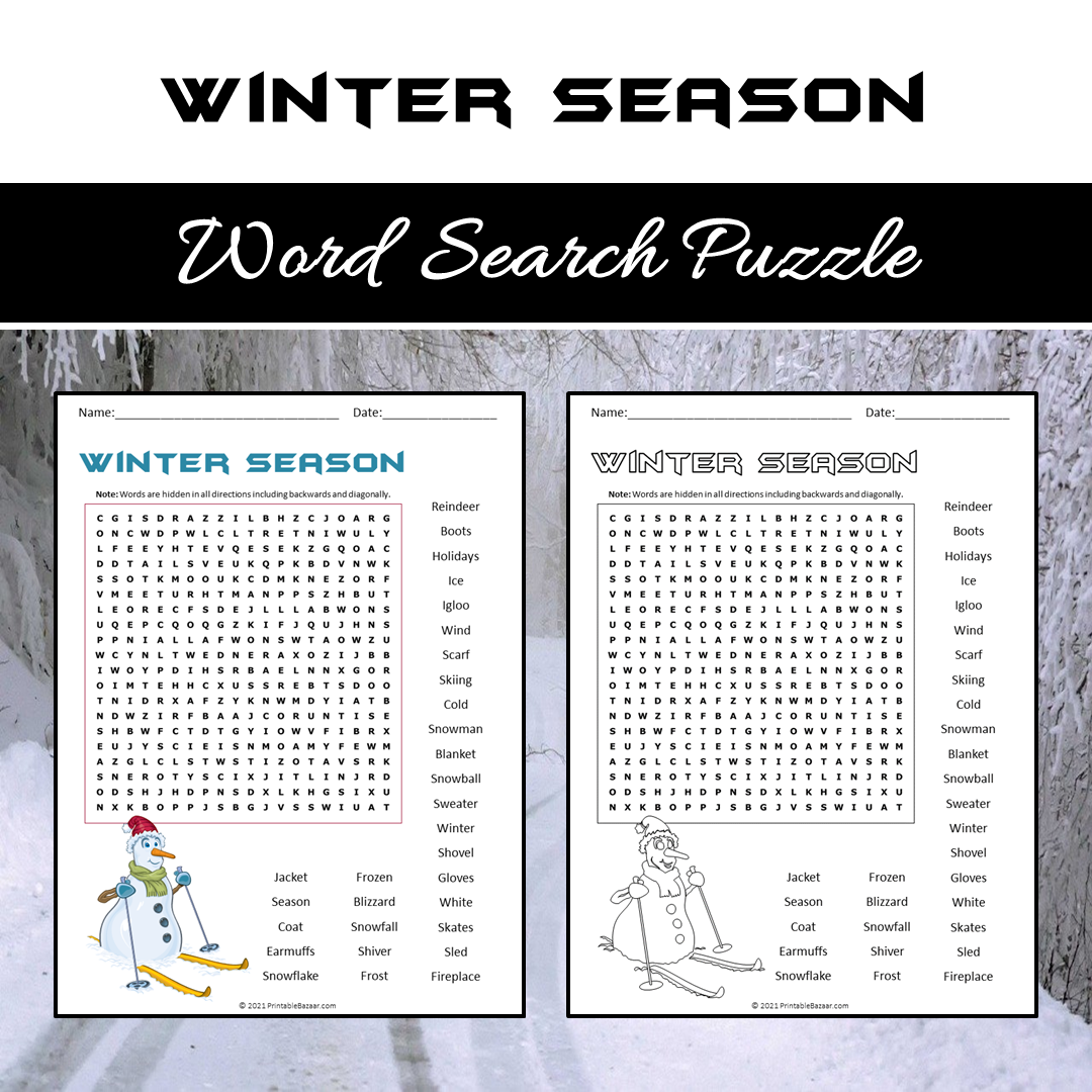 Winter Word Search Puzzle Worksheet PDF