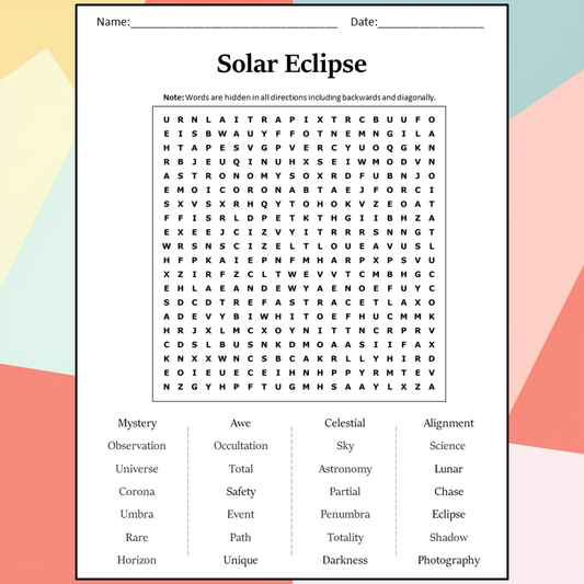 Solar Eclipse Word Search Puzzle Worksheet Activity PDF