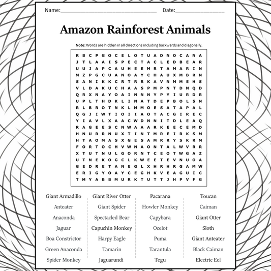 Amazon Rainforest Animals Word Search Puzzle Worksheet Activity PDF