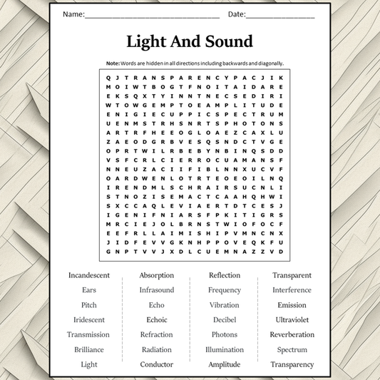 Light And Sound Word Search Puzzle Worksheet Activity PDF