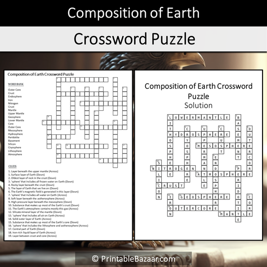 Composition Of Earth Crossword Puzzle Worksheet Activity Printable PDF