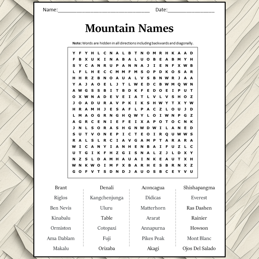 Mountain Names Word Search Puzzle Worksheet Activity PDF