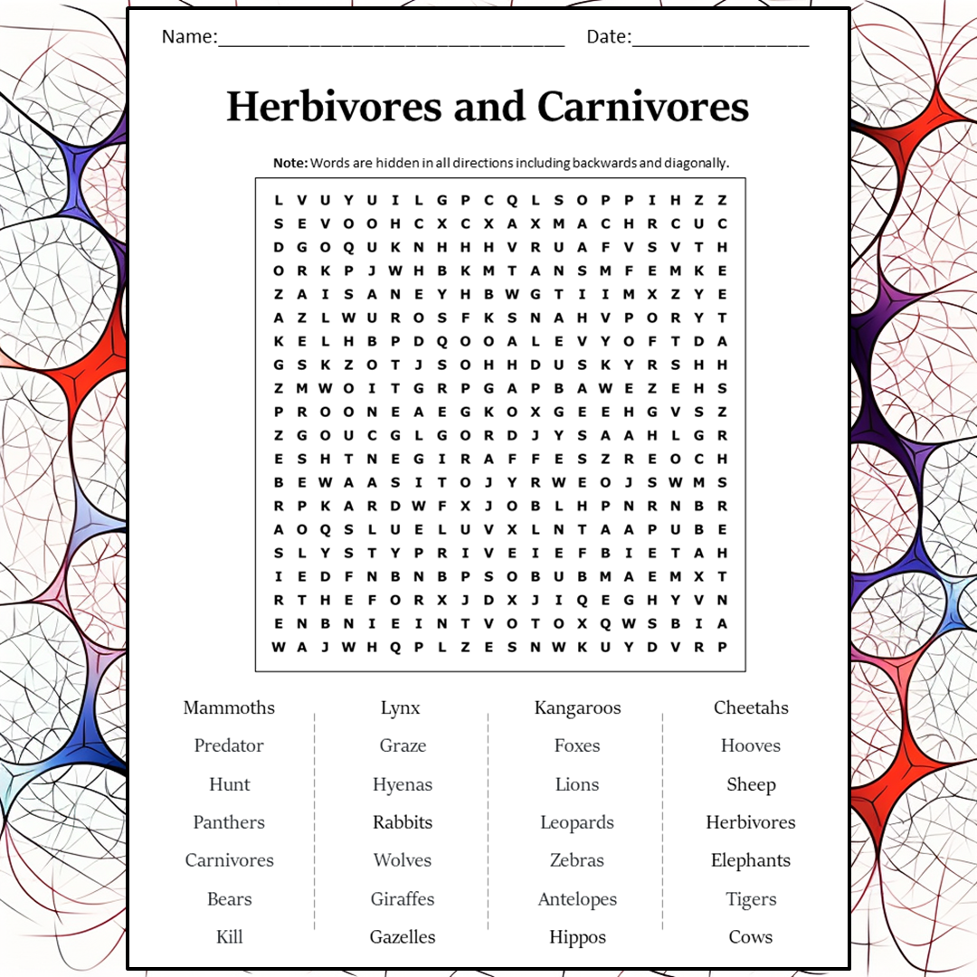 Herbivores And Carnivores Word Search Puzzle Worksheet Activity PDF