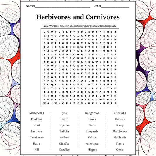 Herbivores And Carnivores Word Search Puzzle Worksheet Activity PDF