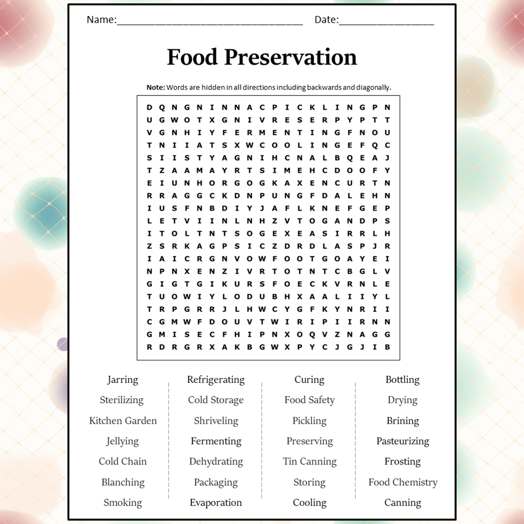 Food Preservation Word Search Puzzle Worksheet Activity PDF