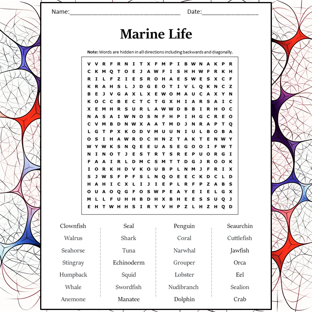 Marine Life Word Search Puzzle Worksheet Activity PDF