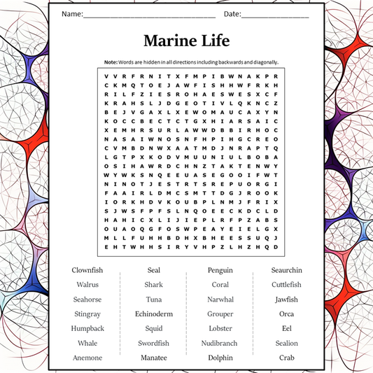 Marine Life Word Search Puzzle Worksheet Activity PDF