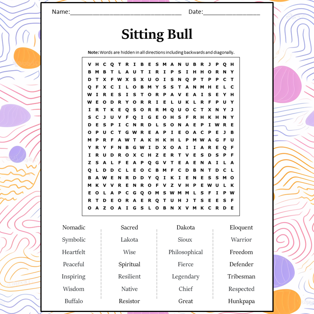 Sitting Bull Word Search Puzzle Worksheet Activity PDF